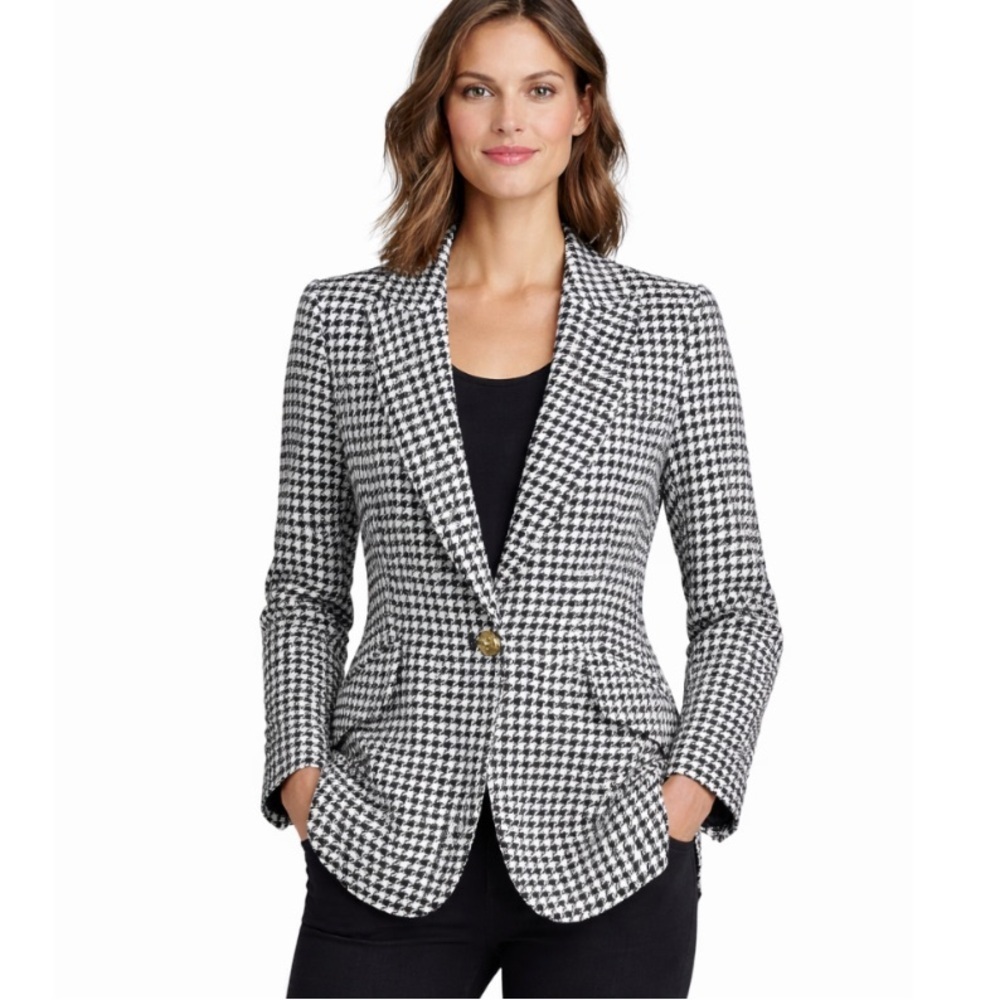 Aqua Houndstooth Blazer Women Black White Tailored One Button Classic Jacket